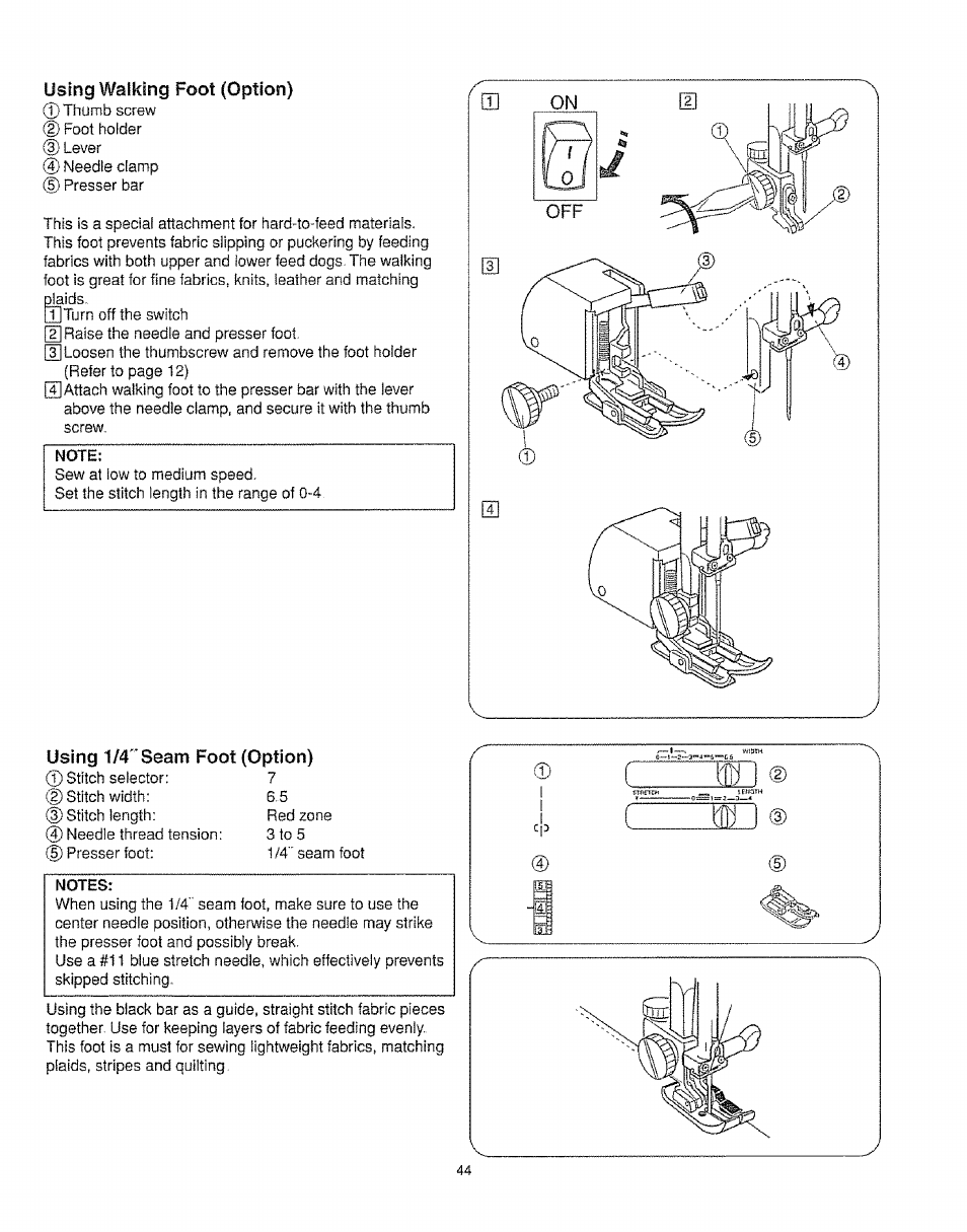 Using walking foot (option), Using 1/4"seam foot (option) | Kenmore 385.16231 User Manual | Page 56 / 117