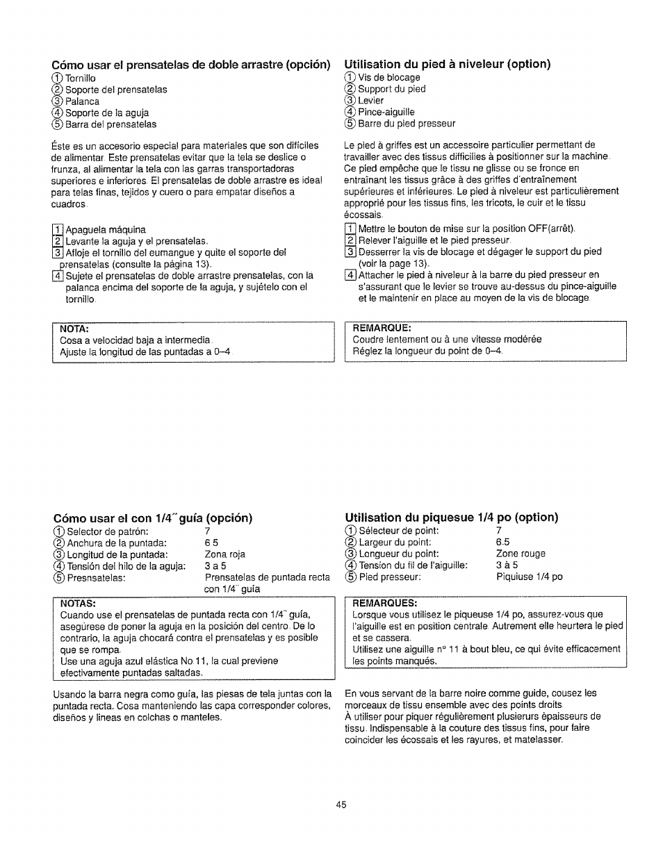 Utilisation du pied à niveleur (option), Cómo usar el con 1/4'guía (opción), Utilisation du piquesue 1/4 po (option) | Kenmore 385.16231 User Manual | Page 57 / 117