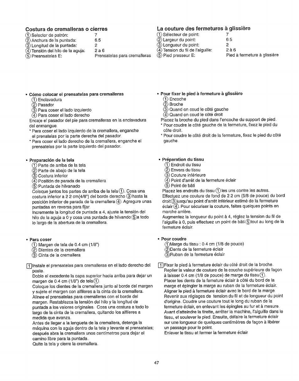 Costura de cremaileras о cierres, La couture des fermetures à glissière | Kenmore 385.16231 User Manual | Page 59 / 117