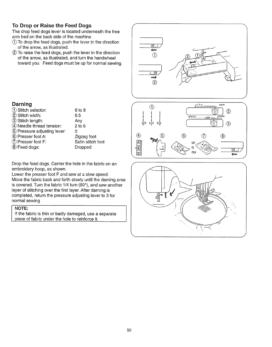 To drop or raise the feed dogs, Darning | Kenmore 385.16231 User Manual | Page 62 / 117