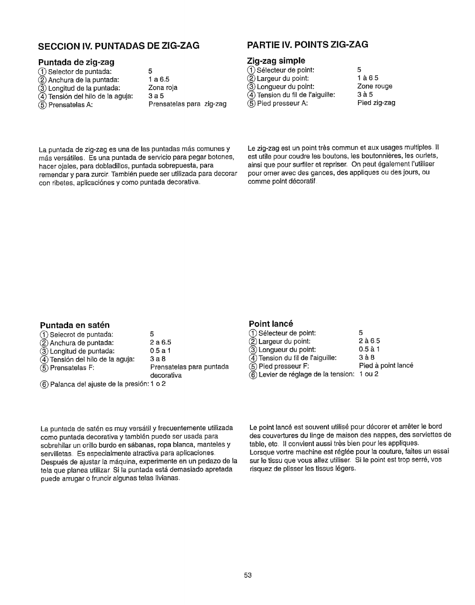 Seccion ¡v. puntadas de zig-zag, Zig-zag simple, Puntada en satén | Point lancé | Kenmore 385.16231 User Manual | Page 65 / 117