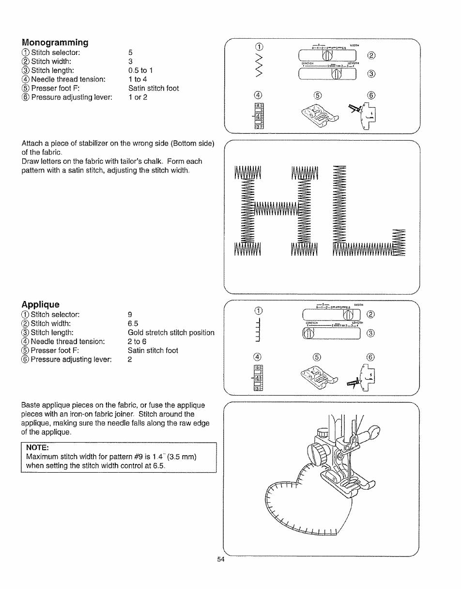 Monogramming, Applique, Width | Kenmore 385.16231 User Manual | Page 66 / 117