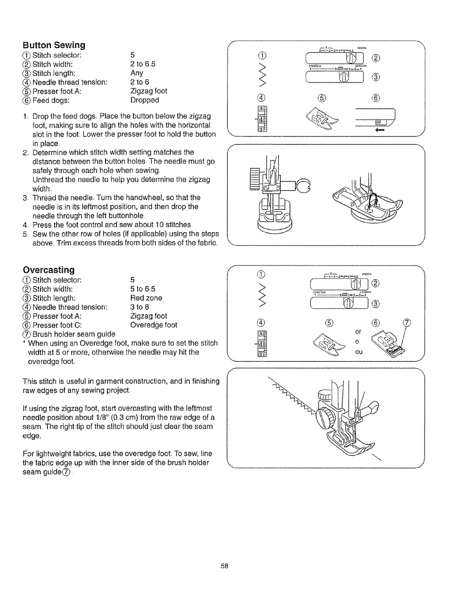 Button sewing, Overcasting | Kenmore 385.16231 User Manual | Page 70 / 117