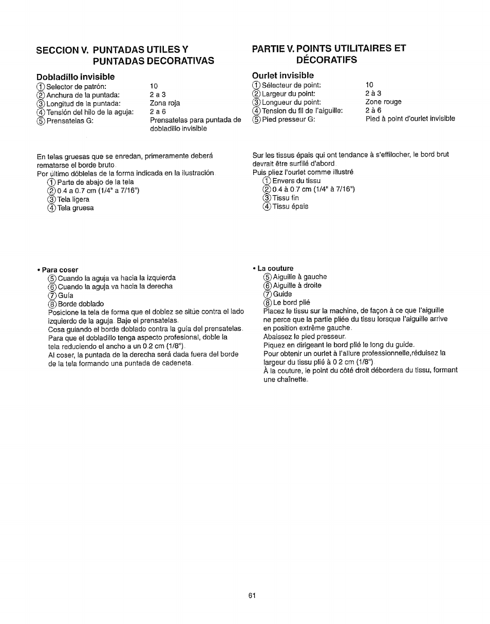 Seccion v. puntadas utiles y, Puntadas decorativas, Dobladillo invisible | Partie v. points utilitaires et décoratifs, Ourlet invisible | Kenmore 385.16231 User Manual | Page 73 / 117