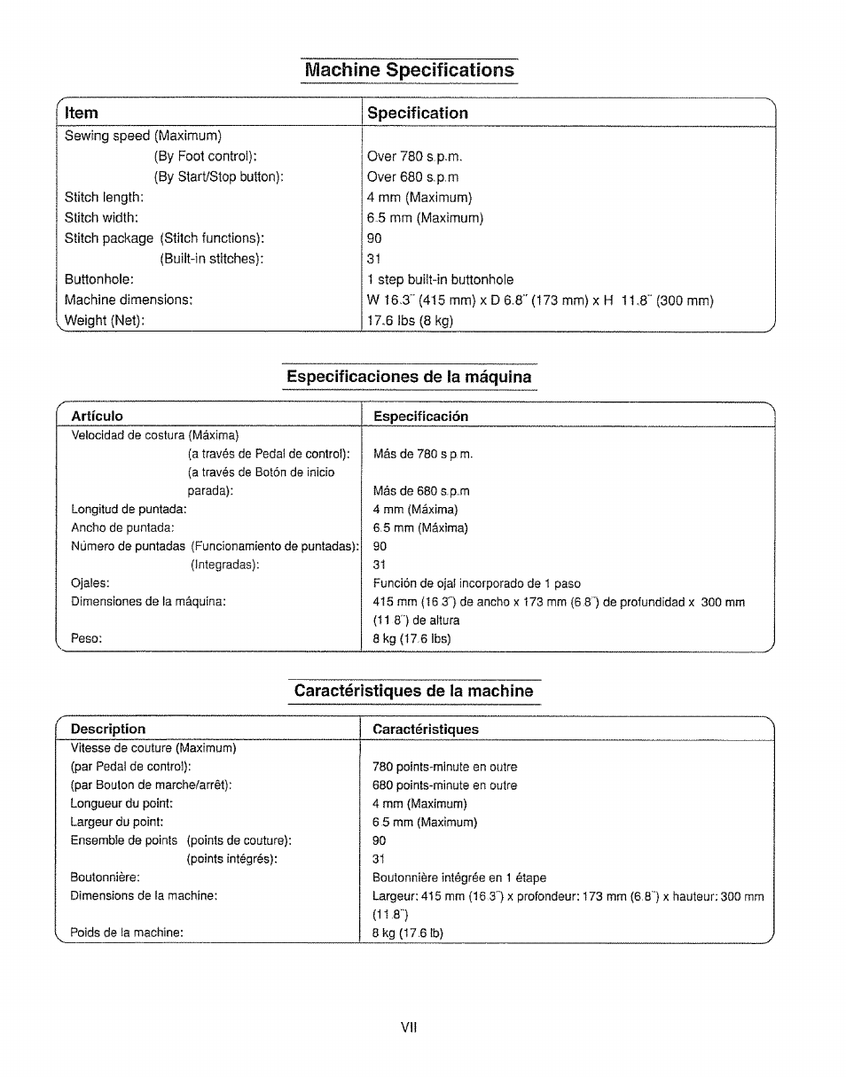 Especificaciones de la máquina, Machine specifications | Kenmore 385.16231 User Manual | Page 8 / 117