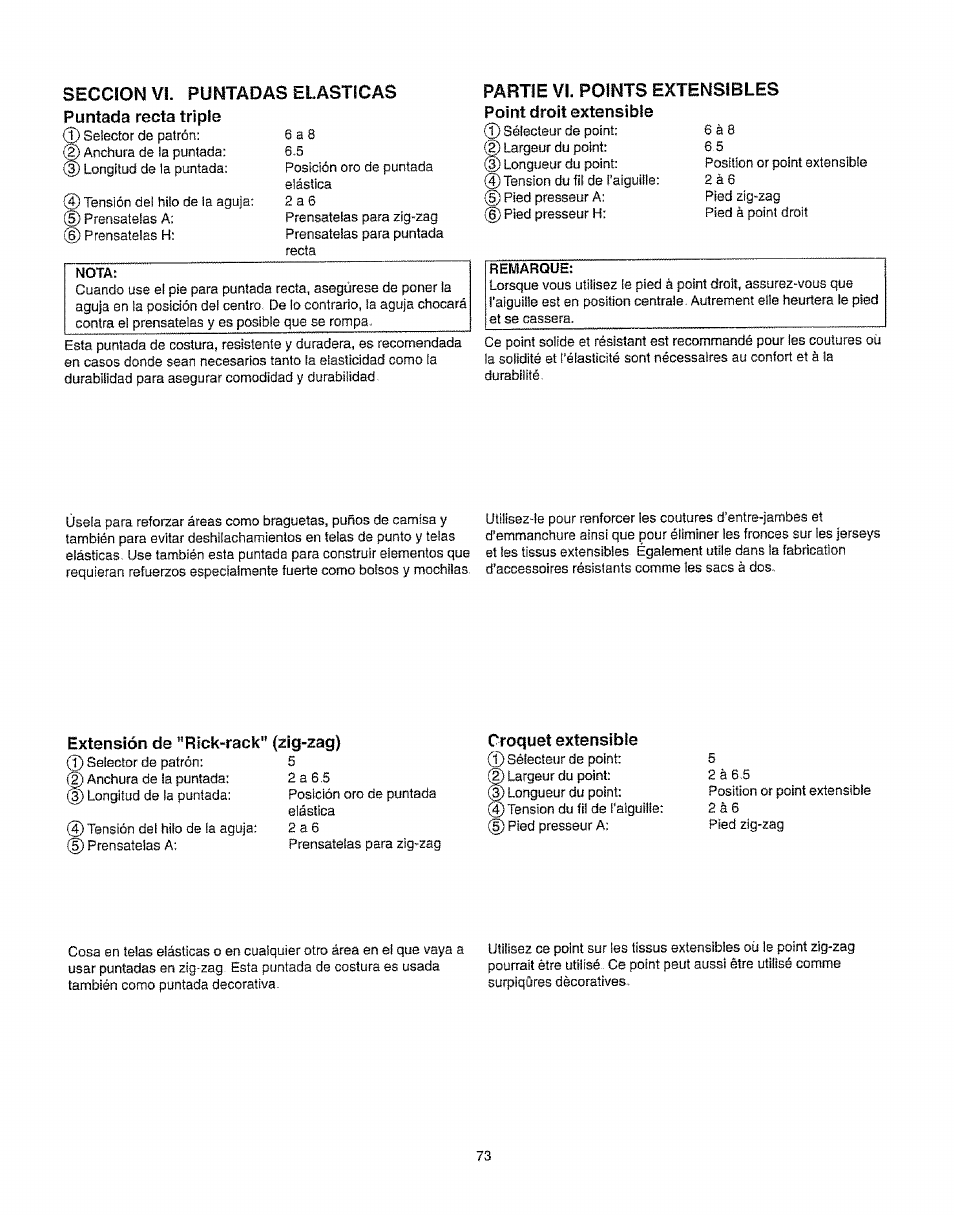 Seccion vi. puntadas elasticas, Puntada recta triple, Croquet extensible | Partie vi. points extensibles | Kenmore 385.16231 User Manual | Page 85 / 117