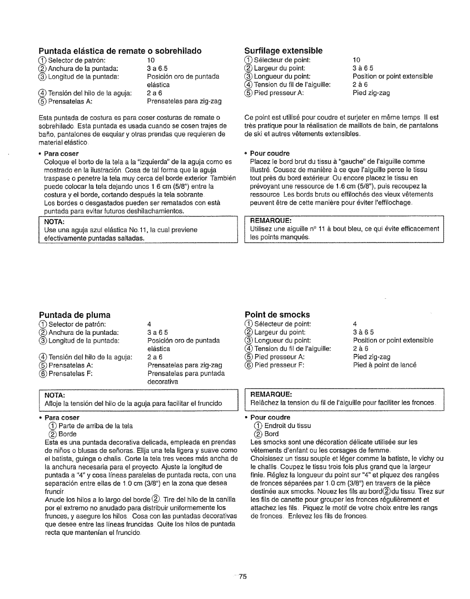 Surlilage extensible, Puntada de pluma, Point de smocks | Kenmore 385.16231 User Manual | Page 87 / 117