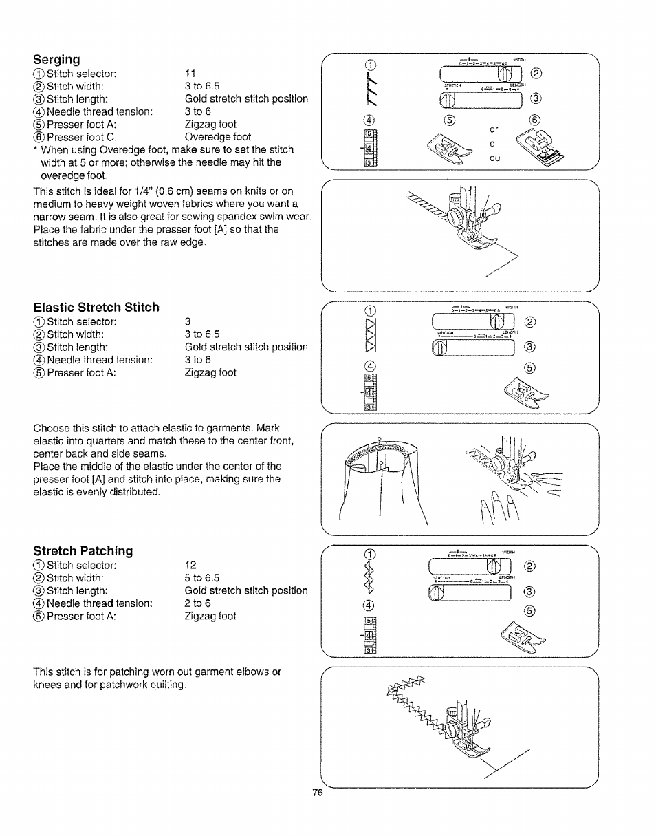 Serging, Elastic stretch stitch, Stretch patching | Kenmore 385.16231 User Manual | Page 88 / 117