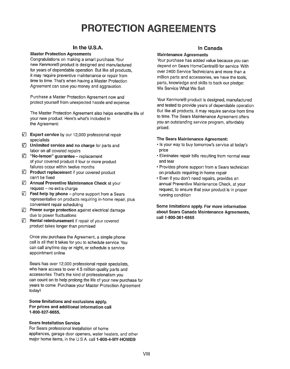 In the u.s.a, Tn canada, Protection agreements | Kenmore 385.16231 User Manual | Page 9 / 117