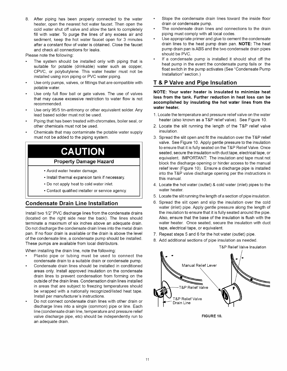 Caution, Condensate drain line installation, T & p valve and pipe insulation | Kenmore 153.32116 User Manual | Page 11 / 28