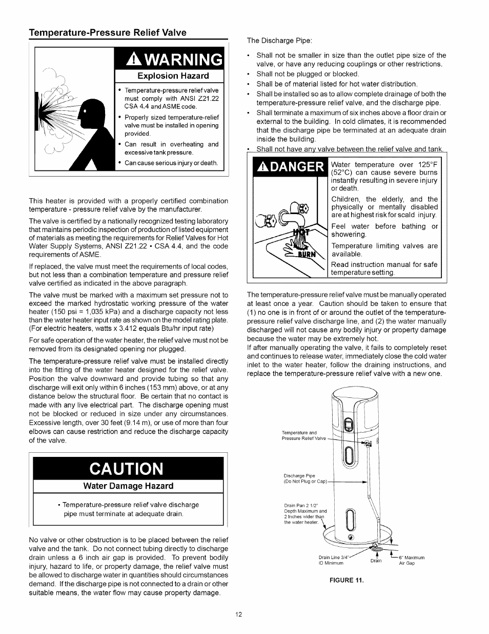 Temperature-pressure relief valve, Caution, Warning | Adanger | Kenmore 153.32116 User Manual | Page 12 / 28