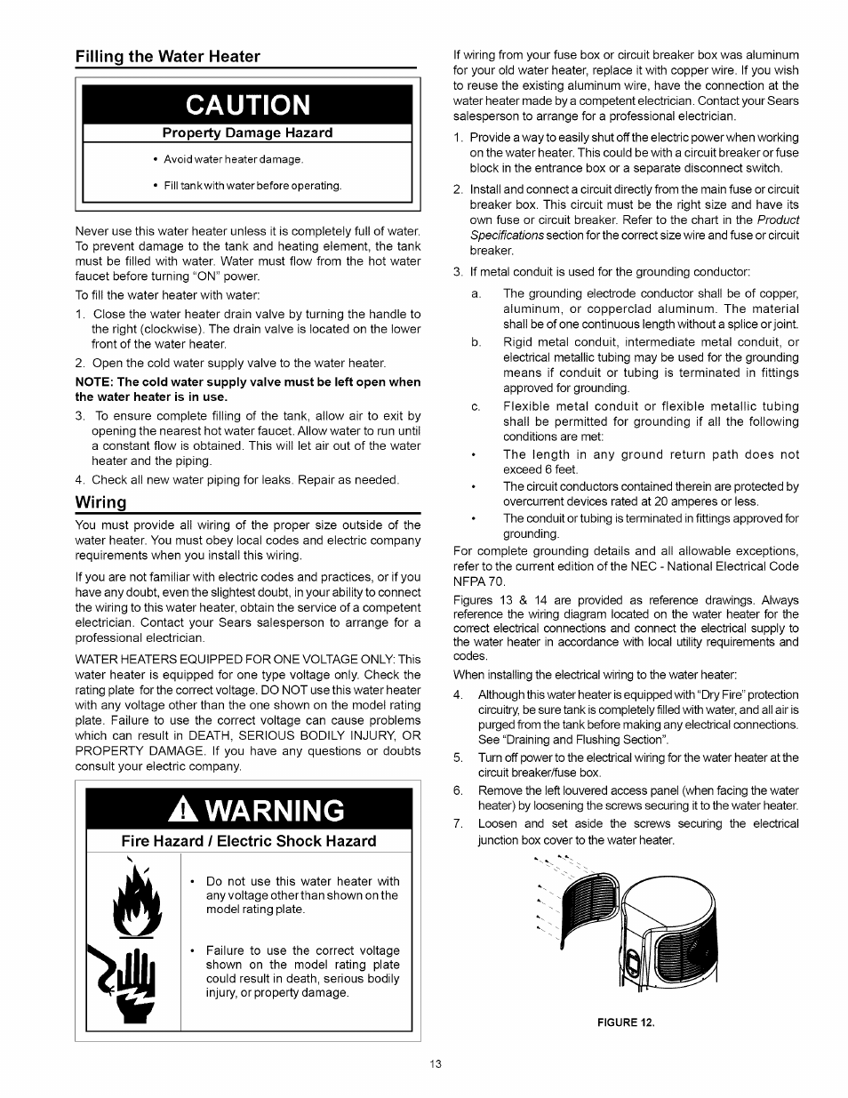 Filling the water heater, Wiring, Wiring -14 | Caution, Warning | Kenmore 153.32116 User Manual | Page 13 / 28