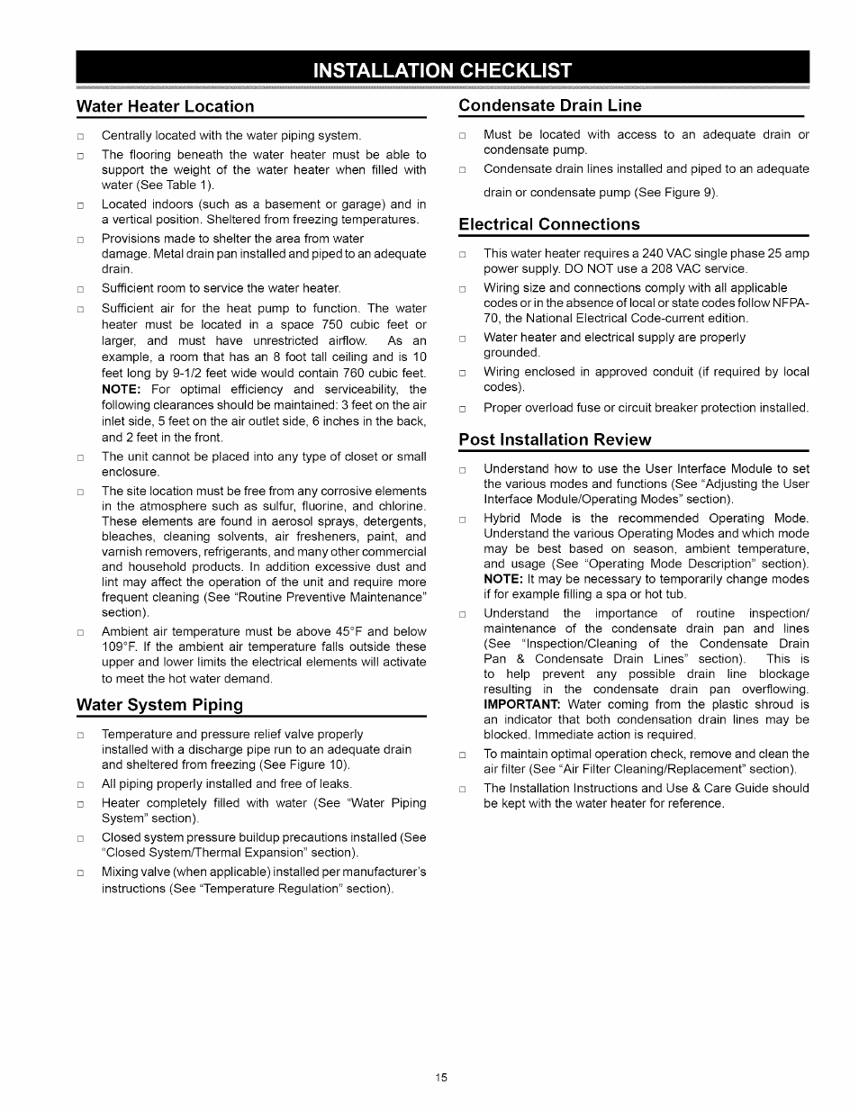 Installation checklist, Water heater location, Condensate drain line | Water system piping, Electrical connections, Post installation review, Installation checklist -22, Water heater location condensate drain line | Kenmore 153.32116 User Manual | Page 15 / 28