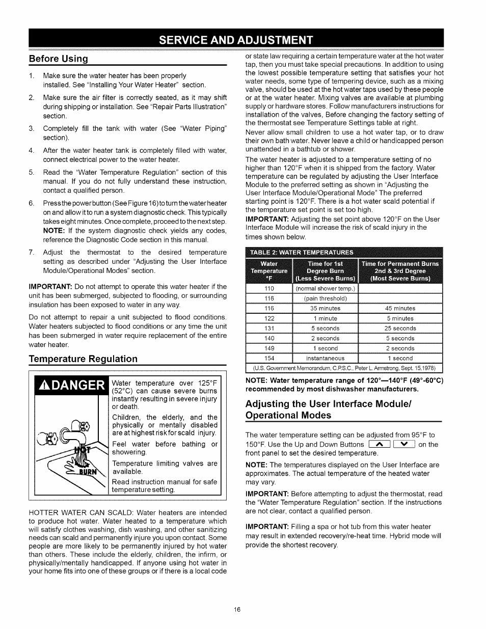 Service and adjustment, Before using, Temperature regulation | Service and adjustment -22, Before use, Adanger | Kenmore 153.32116 User Manual | Page 16 / 28
