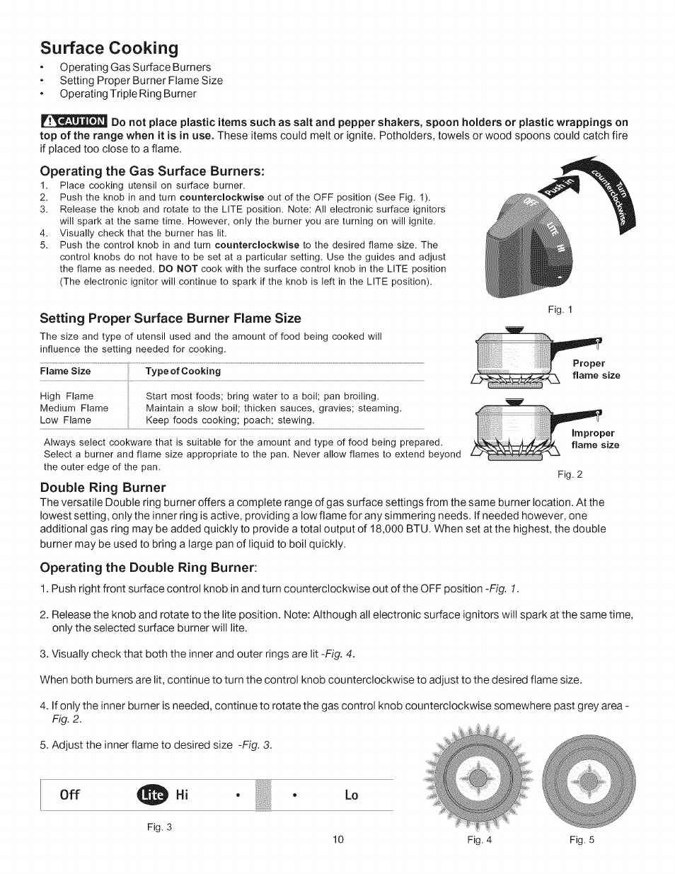 Surface cooking, Operating the gas surface burners, Setting proper surface burner flame size | Double ring burner, Operating the double ring burner, Surface | Kenmore 790.7755 User Manual | Page 10 / 42