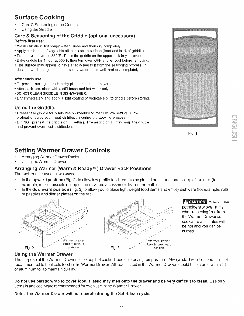 Surface cooking, Using the griddle, Using the warmer drawer | Setting warmer drawer controls | Kenmore 790.7755 User Manual | Page 11 / 42