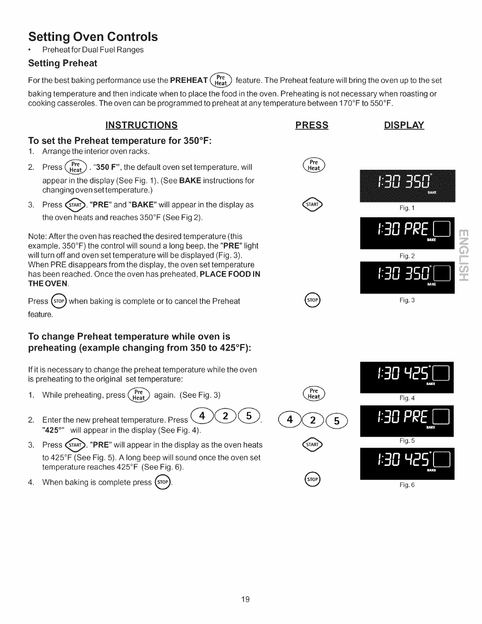 Instructions, To set the preheat temperature for 350°f, Press | Display, Cdcdcd, H35‘d, Setting oven controls, J c n | Kenmore 790.7755 User Manual | Page 19 / 42
