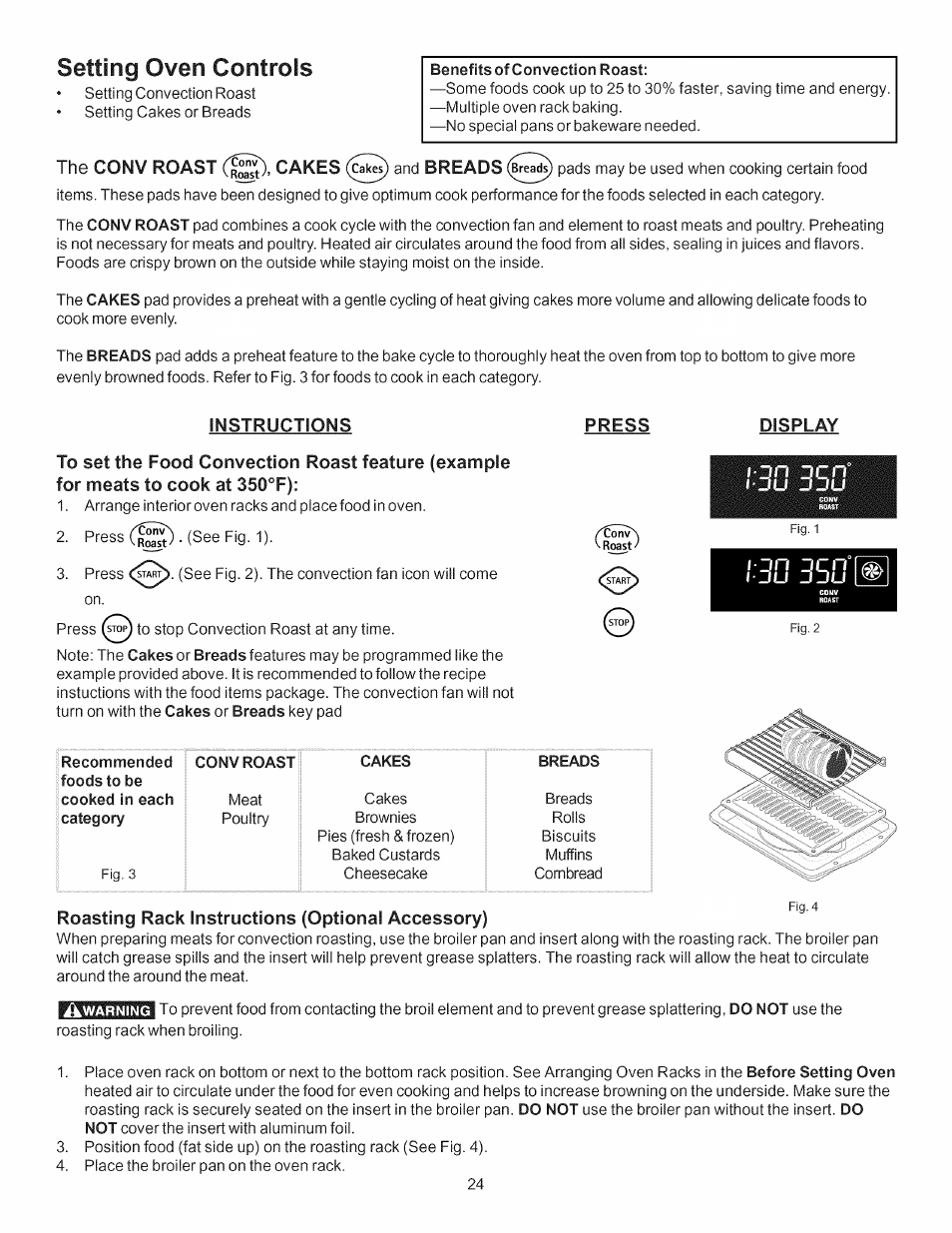 Setting oven controls, Instructions, Press | Display, Roasting rack instructions (optional accessory), J c n | Kenmore 790.7755 User Manual | Page 24 / 42