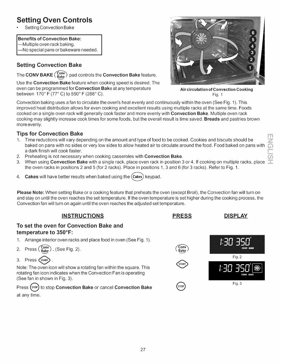 Setting convection bake, Tips for convection bake, Instructions | Press, Display, Setting oven controls | Kenmore 790.7755 User Manual | Page 27 / 42