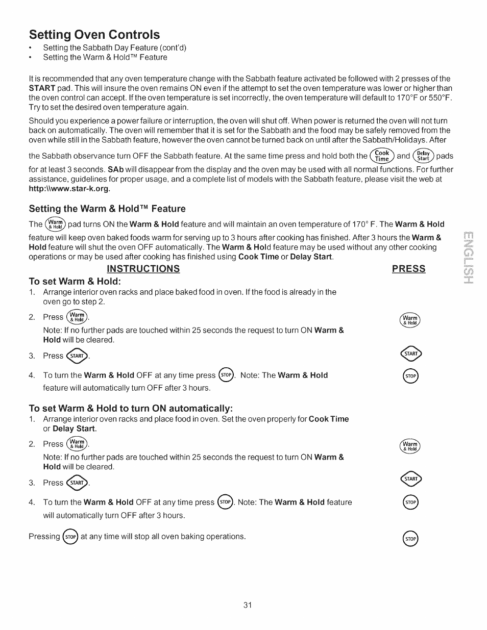 Setting oven controls, Setting the warm & hold™ feature, Instructions press | To set warm & hold, To set warm & hold to turn on automatically | Kenmore 790.7755 User Manual | Page 31 / 42
