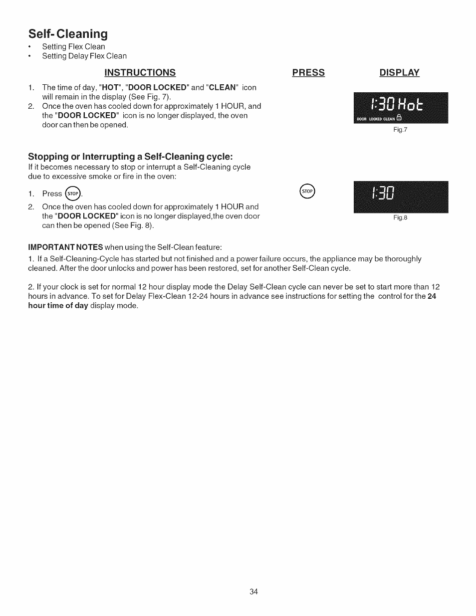 Seif-cleaning, Press, Display | Stopping or interrupting a self-cleaning cycle, 3u hot | Kenmore 790.7755 User Manual | Page 34 / 42