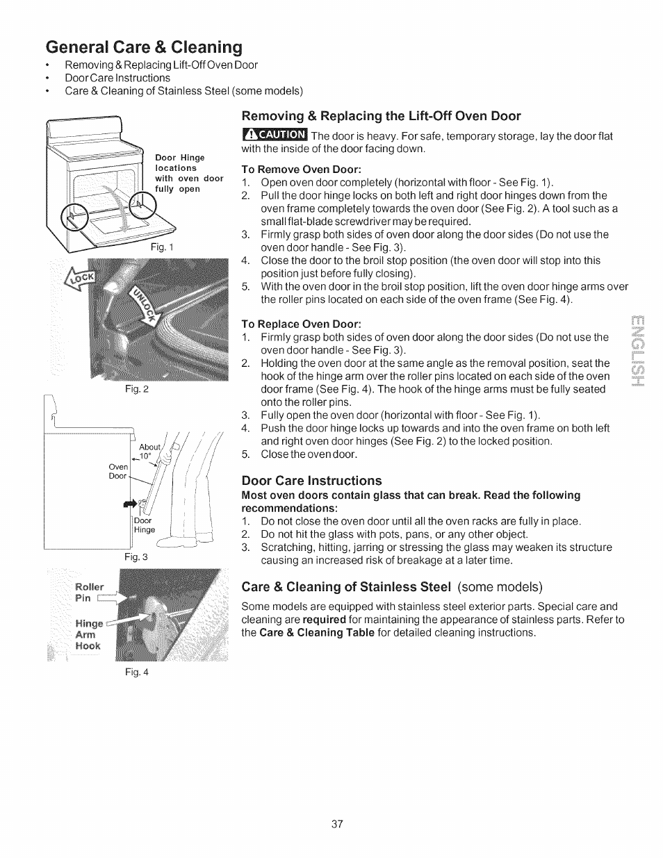 Generai care & cleaning, Removing & replacing the lift-off oven door, Door care instructions | Care & cleaning of stainless steel (some models) | Kenmore 790.7755 User Manual | Page 37 / 42