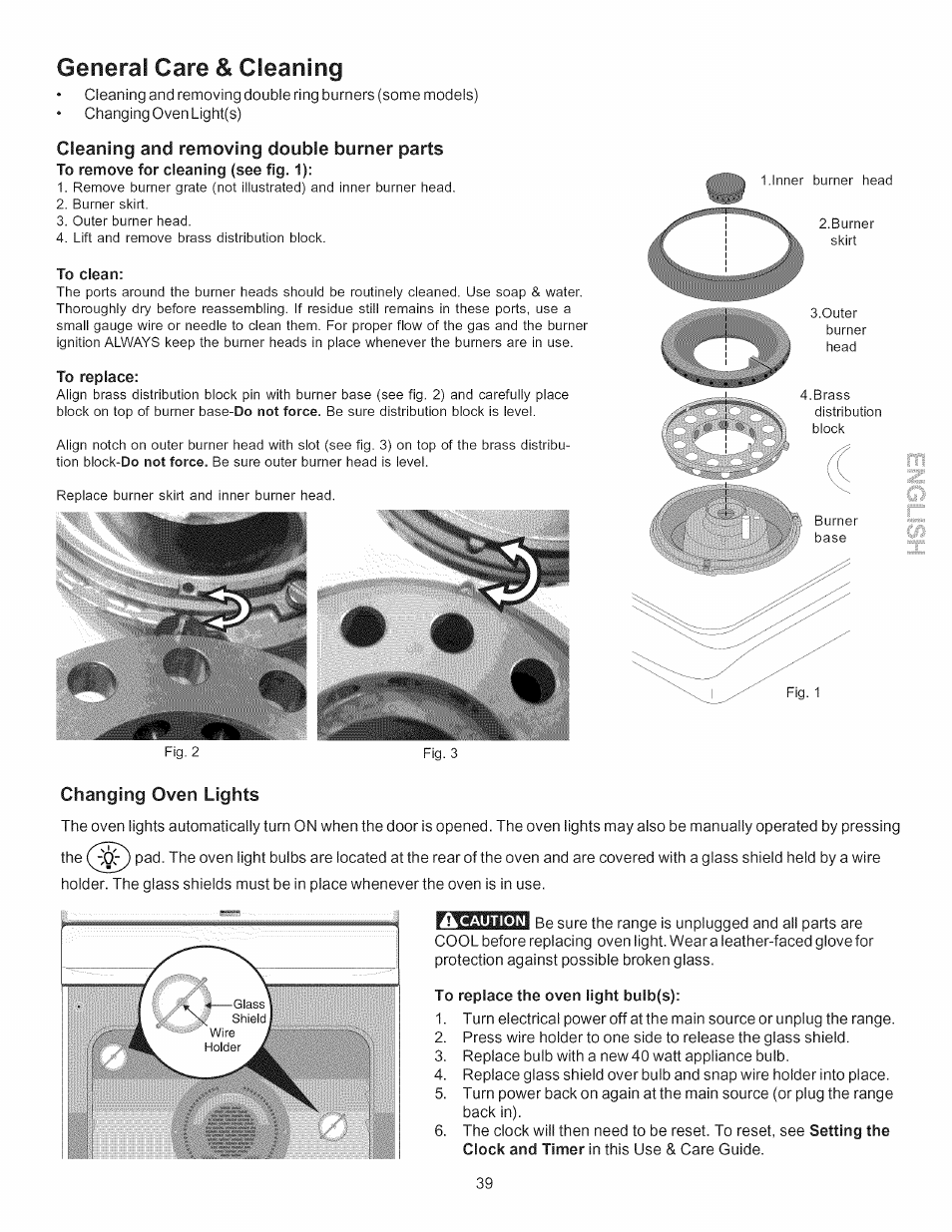 General care & cleaning, Cleaning and removing double burner parts, Changing oven lights | Kenmore 790.7755 User Manual | Page 39 / 42