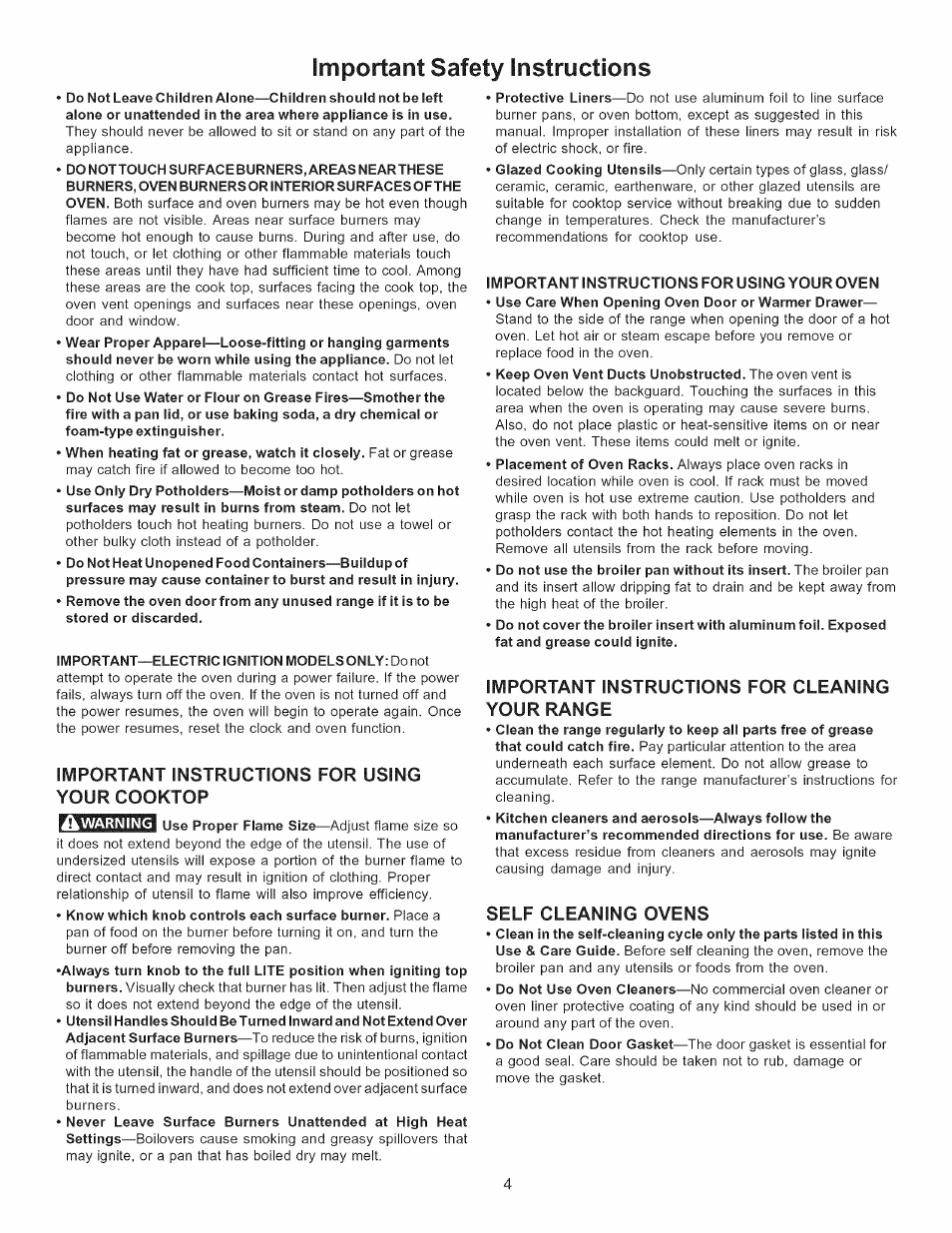 Important instructions for using your cooktop, Important instructions for cleaning your range, Self cleaning ovens | Important safety instructions | Kenmore 790.7755 User Manual | Page 4 / 42