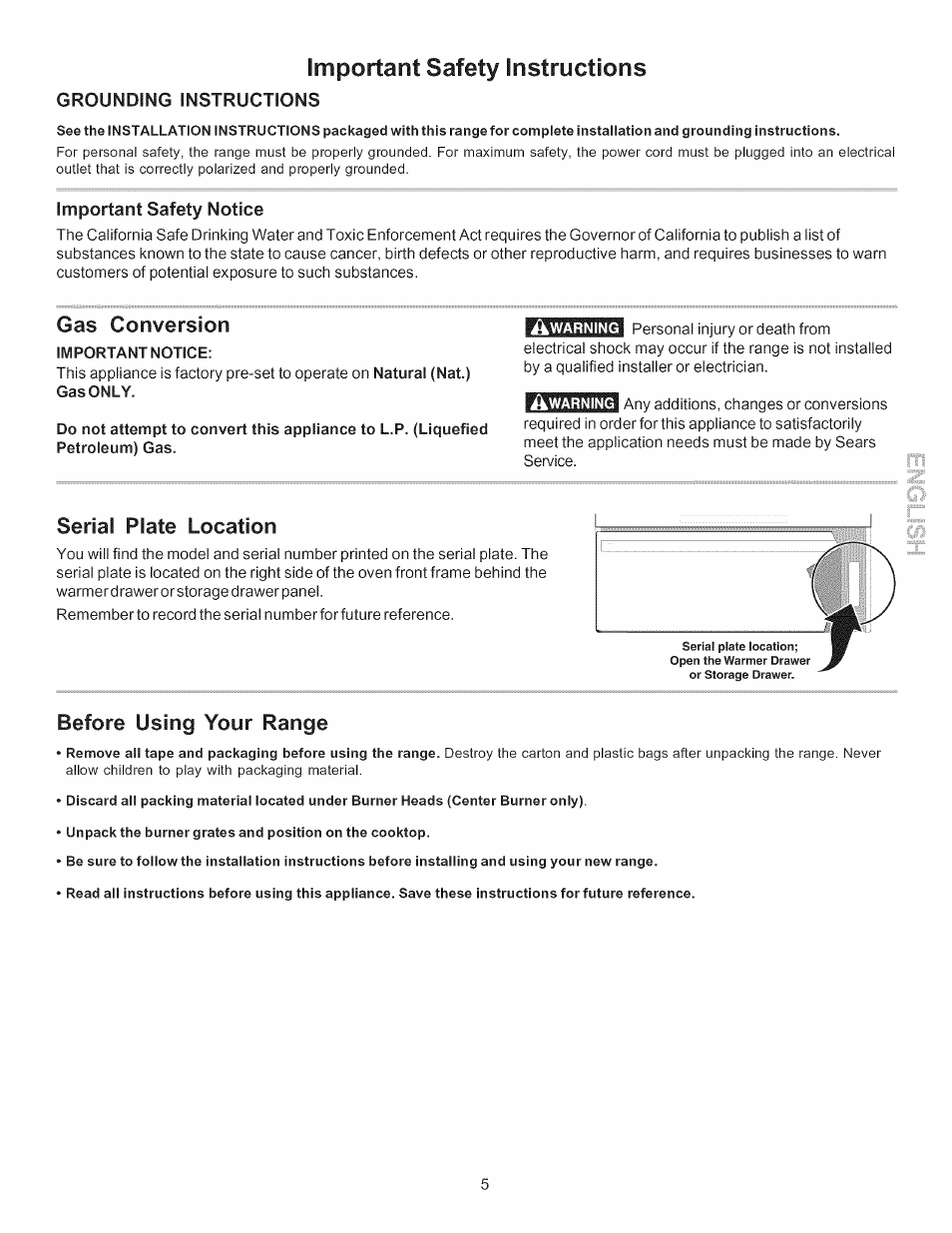 Important safety notice, Important safety instructions, Gas conversion | Serial plate location, Before using your range | Kenmore 790.7755 User Manual | Page 5 / 42