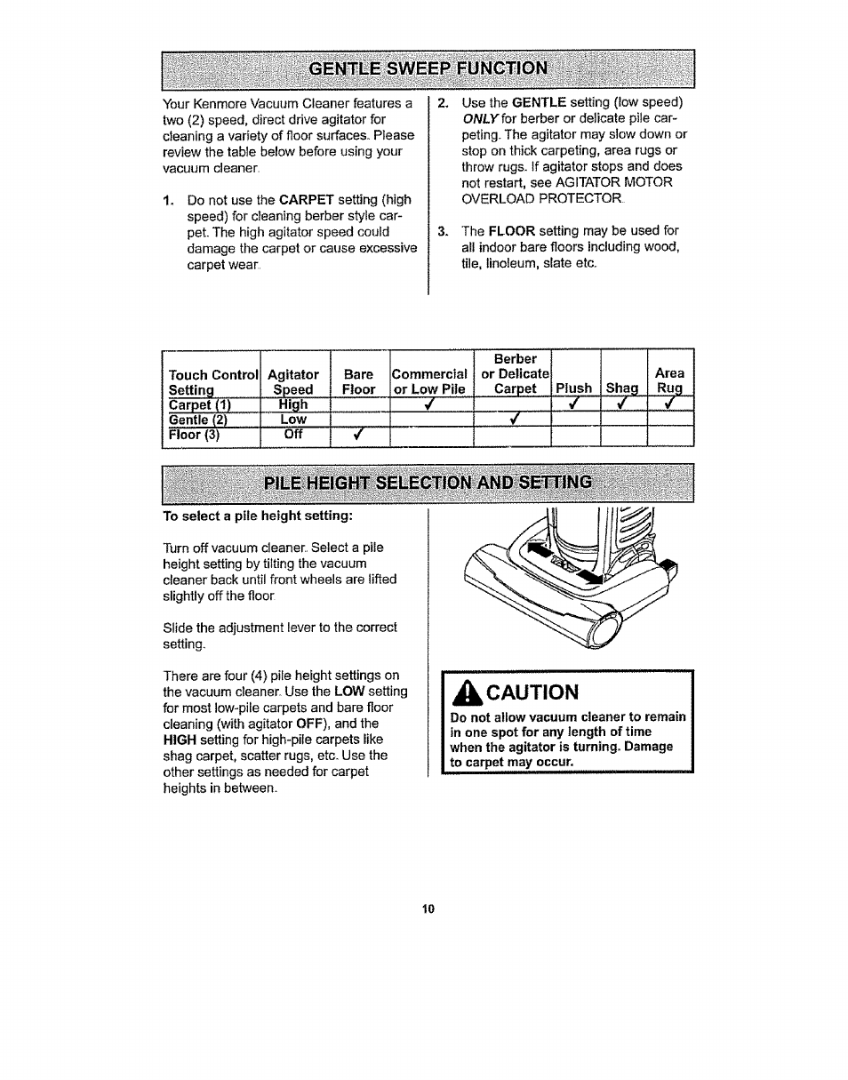 Gentle sweep function, A caution | Kenmore 116.36932 User Manual | Page 10 / 23