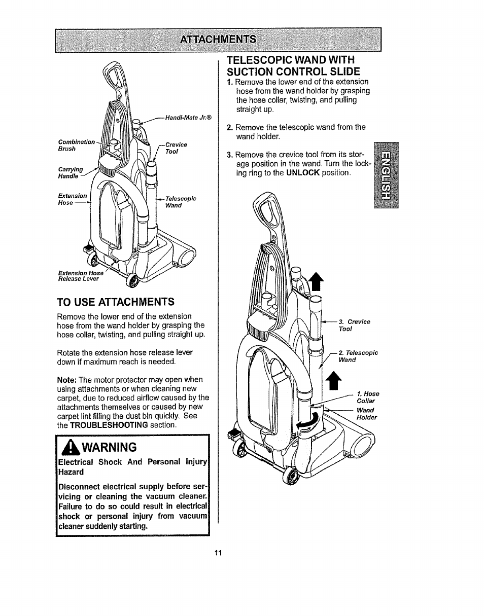 A warning, Telescopic wand with suction control slide | Kenmore 116.36932 User Manual | Page 11 / 23