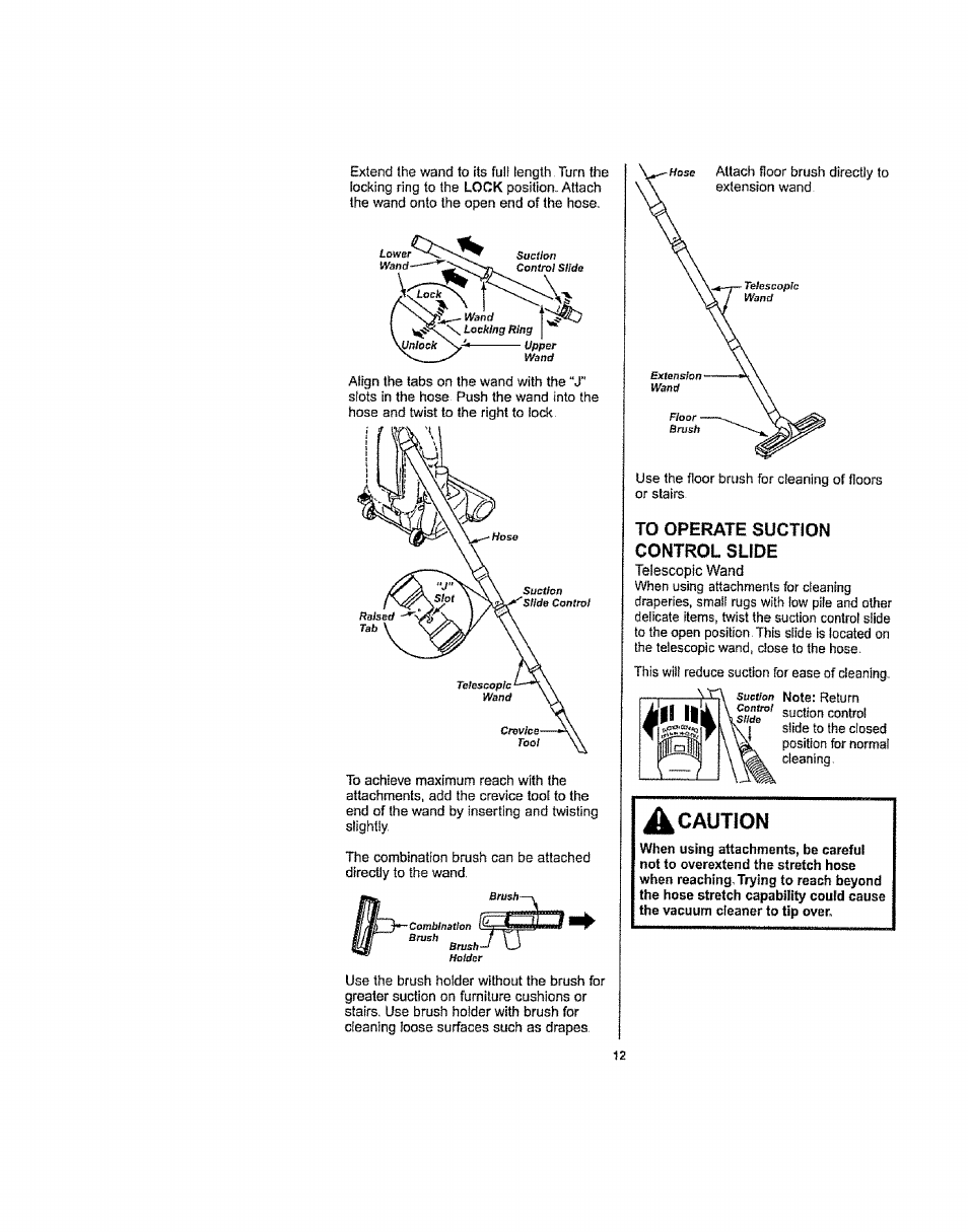 To operate suction control slide, Caution, Telescopic wand | Kenmore 116.36932 User Manual | Page 12 / 23