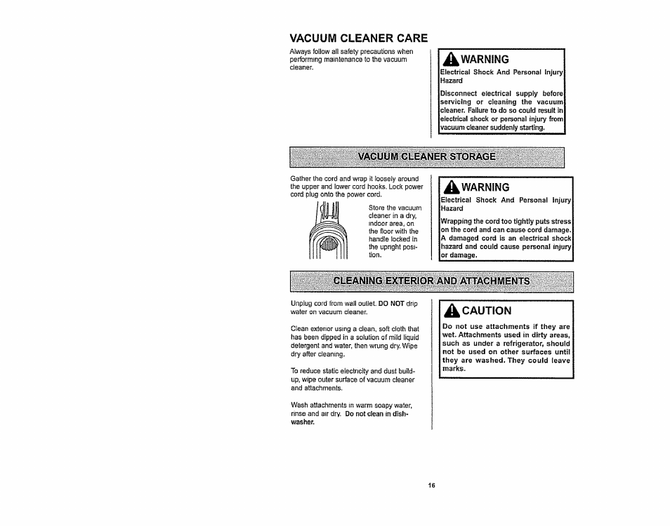 Vacuum cleaner storage, Cleaning exterior and attachments, Vacuum cleaner care | Caution | Kenmore 116.36932 User Manual | Page 16 / 23