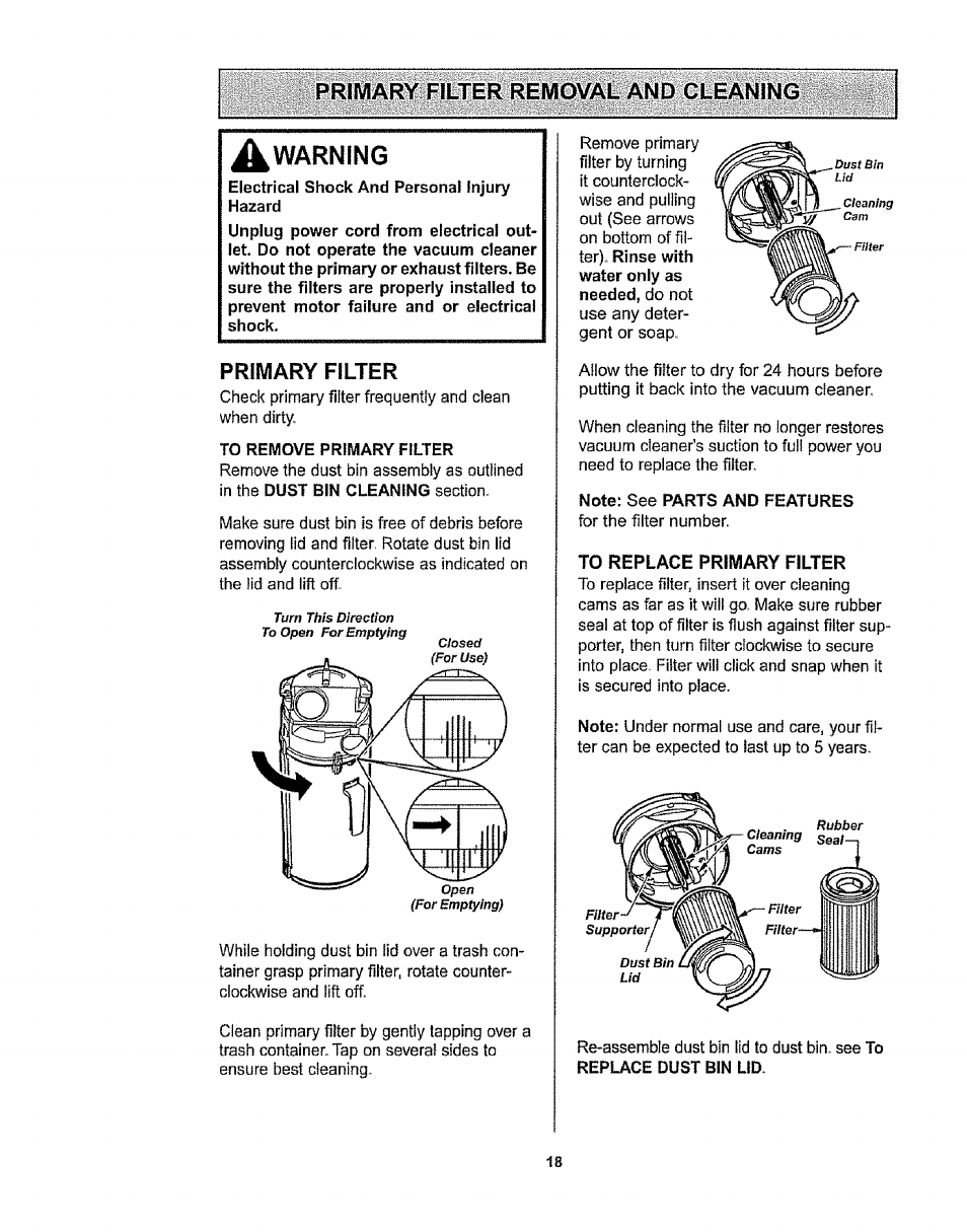 Primary filter removal and cleaning, Warning, To replace primary filter | Primary filter | Kenmore 116.36932 User Manual | Page 18 / 23