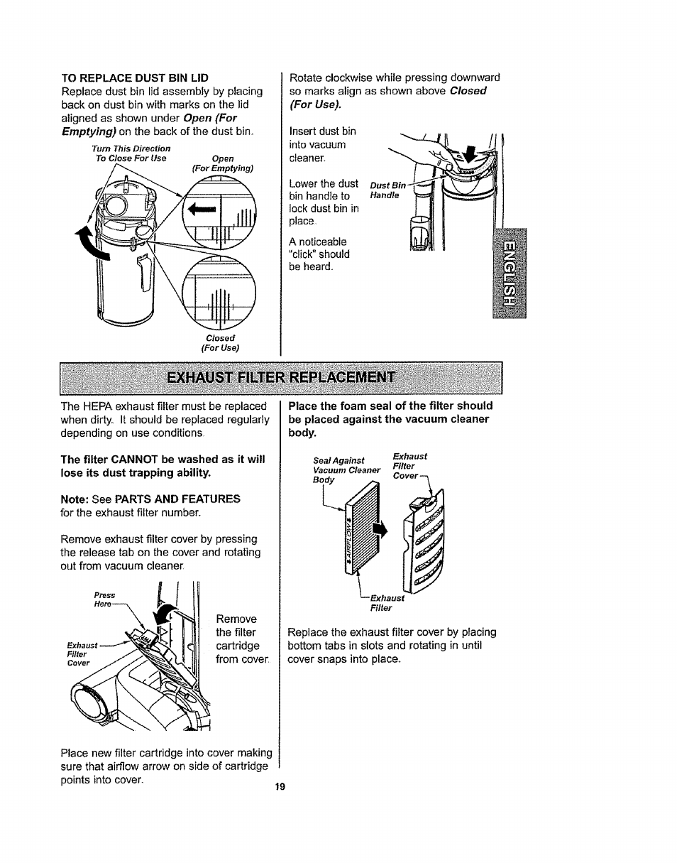 Exhaust filter replacement | Kenmore 116.36932 User Manual | Page 19 / 23