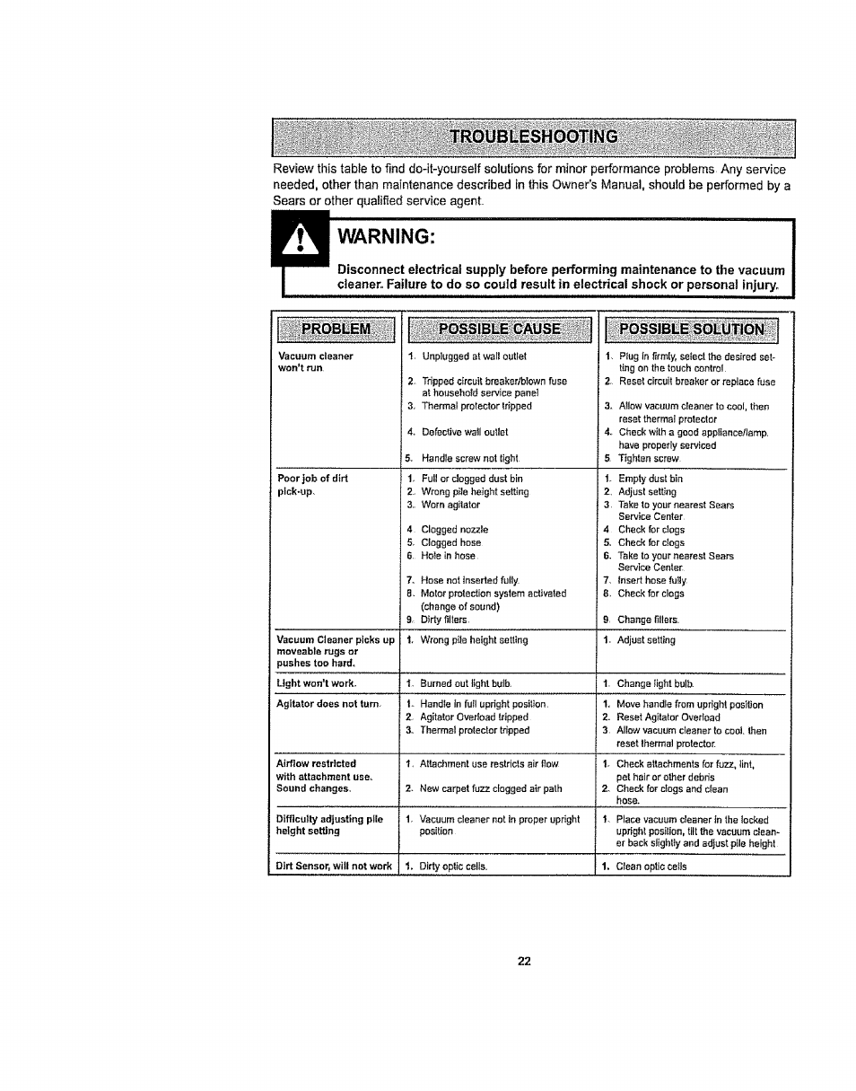 Warning | Kenmore 116.36932 User Manual | Page 22 / 23