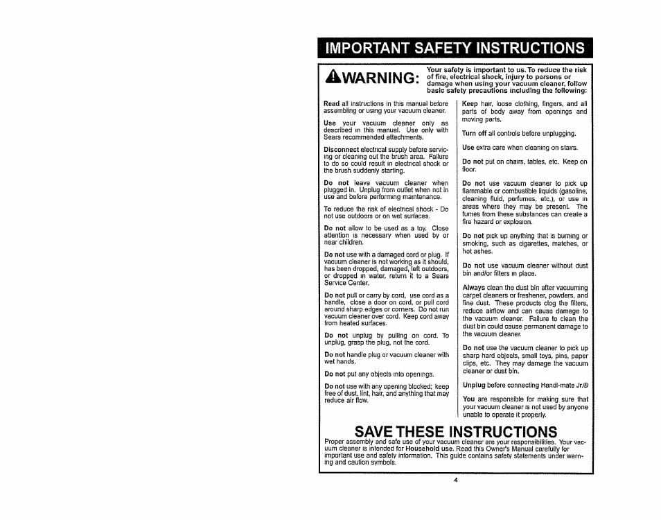 Arning, Mportant safety instructions, Save these instructions | Kenmore 116.36932 User Manual | Page 4 / 23