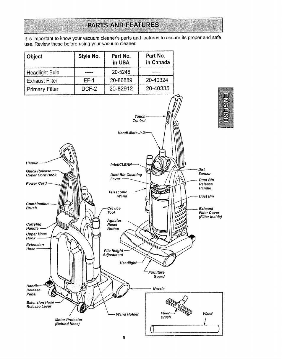 Parts and features | Kenmore 116.36932 User Manual | Page 5 / 23