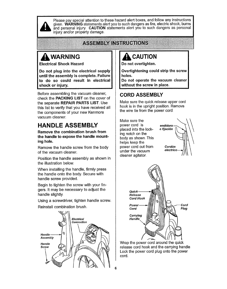 Assembly instructions, Caution, Warning | Handle assembly | Kenmore 116.36932 User Manual | Page 6 / 23