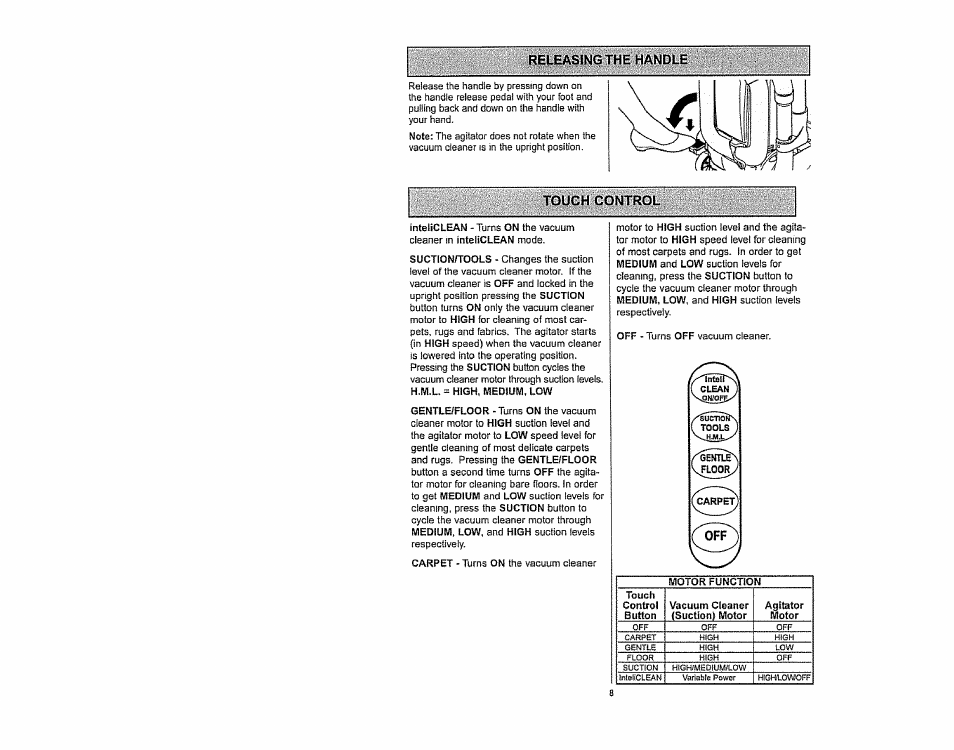 Releasing the handle, Touch control | Kenmore 116.36932 User Manual | Page 8 / 23