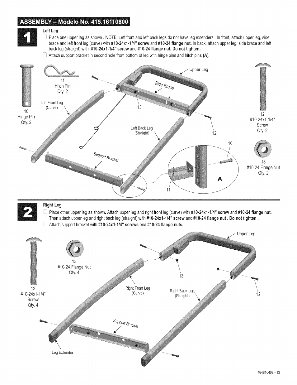 Left leg, Right leg | Kenmore 415.161108 User Manual | Page 13 / 28