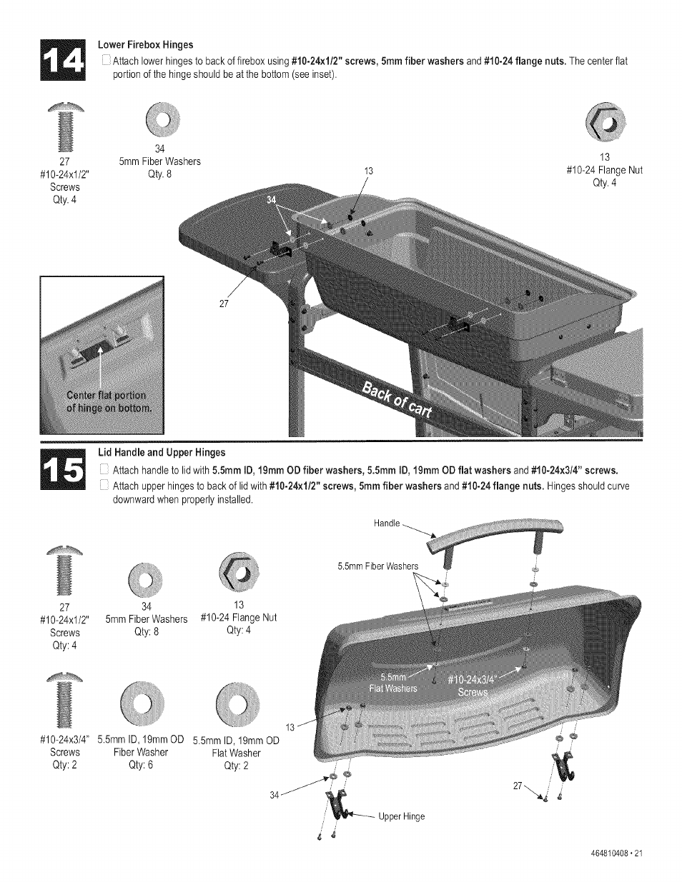 Lower firebox hinges, Lid handle and upper hinges | Kenmore 415.161108 User Manual | Page 21 / 28