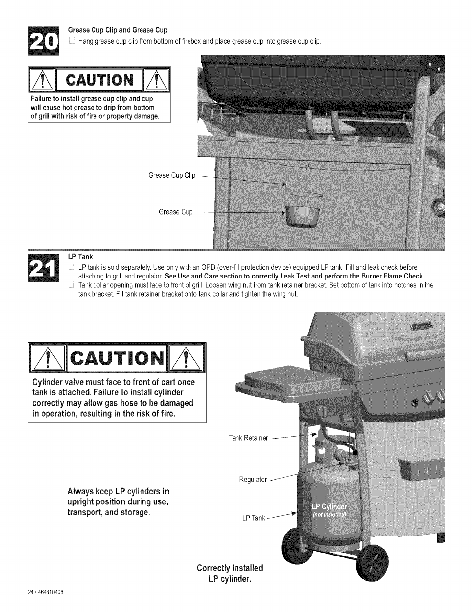 Grease cup clip and grease cup, Lp tank, Caution | Kenmore 415.161108 User Manual | Page 24 / 28