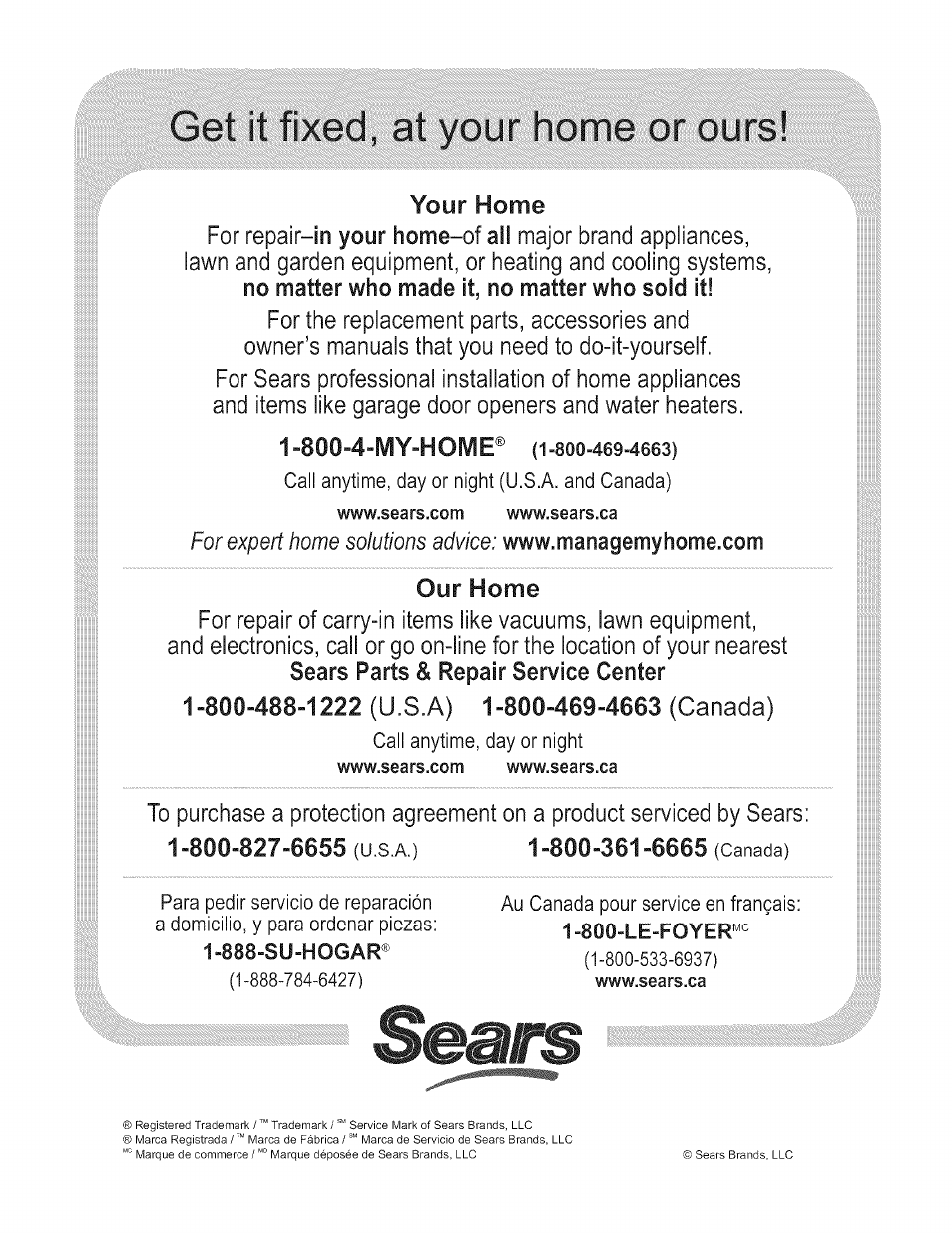 3ët it, Your home, Our home | 800-488-1222 (u.s.a) 1-800-469-4663 (canada), 3 ët it | Kenmore 415.161108 User Manual | Page 28 / 28