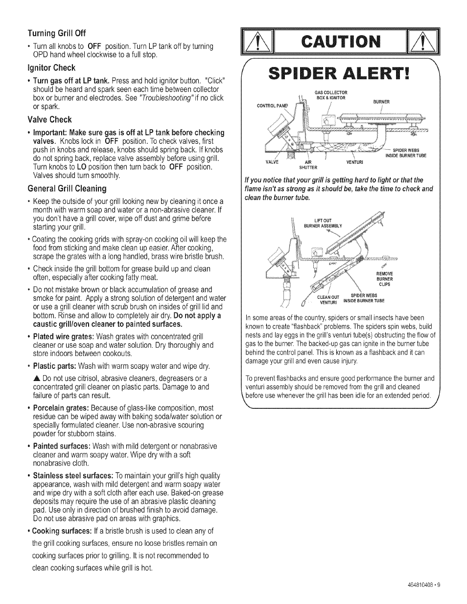 Spider alert, Caution spider alert, Valve check | Grill cleaning | Kenmore 415.161108 User Manual | Page 9 / 28