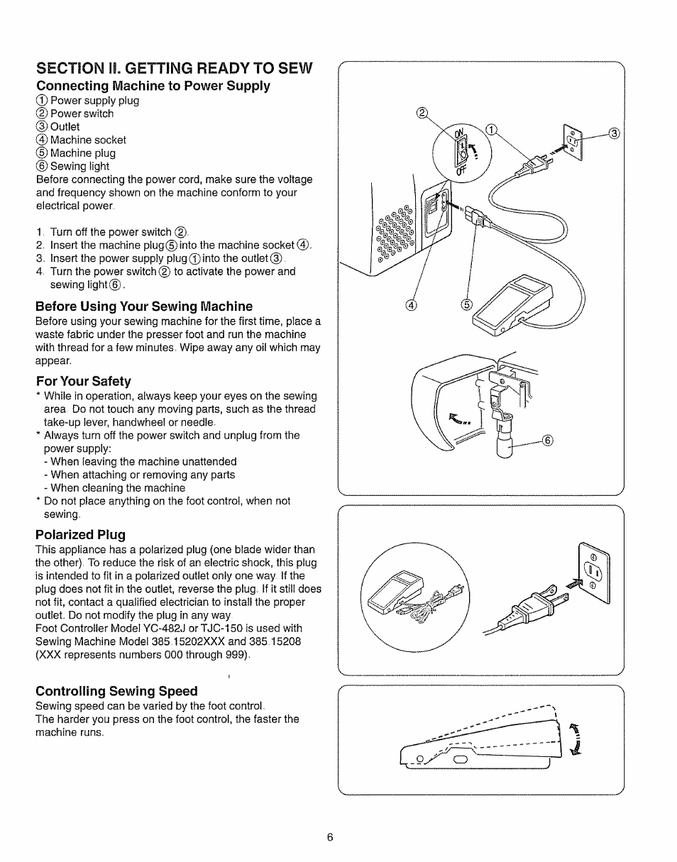 Section ii. getting ready to sew, Connecting machine to power supply, Before using your sewing machine | For your safety, Polarized plug, Controlling sewing speed | Kenmore 385.15208 User Manual | Page 14 / 75