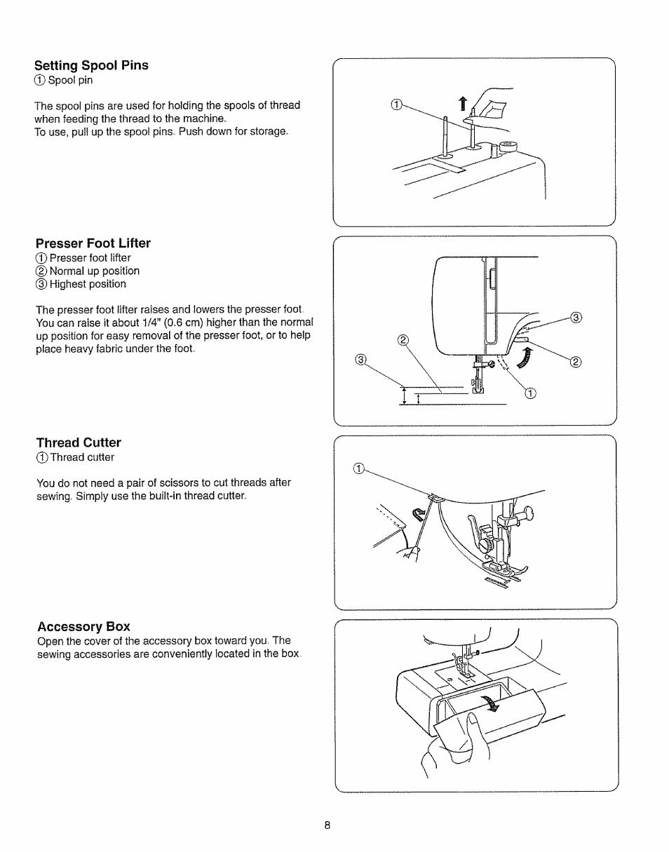 Setting spool pins, Presser foot lifter, Thread cutter | Accessory box | Kenmore 385.15208 User Manual | Page 16 / 75