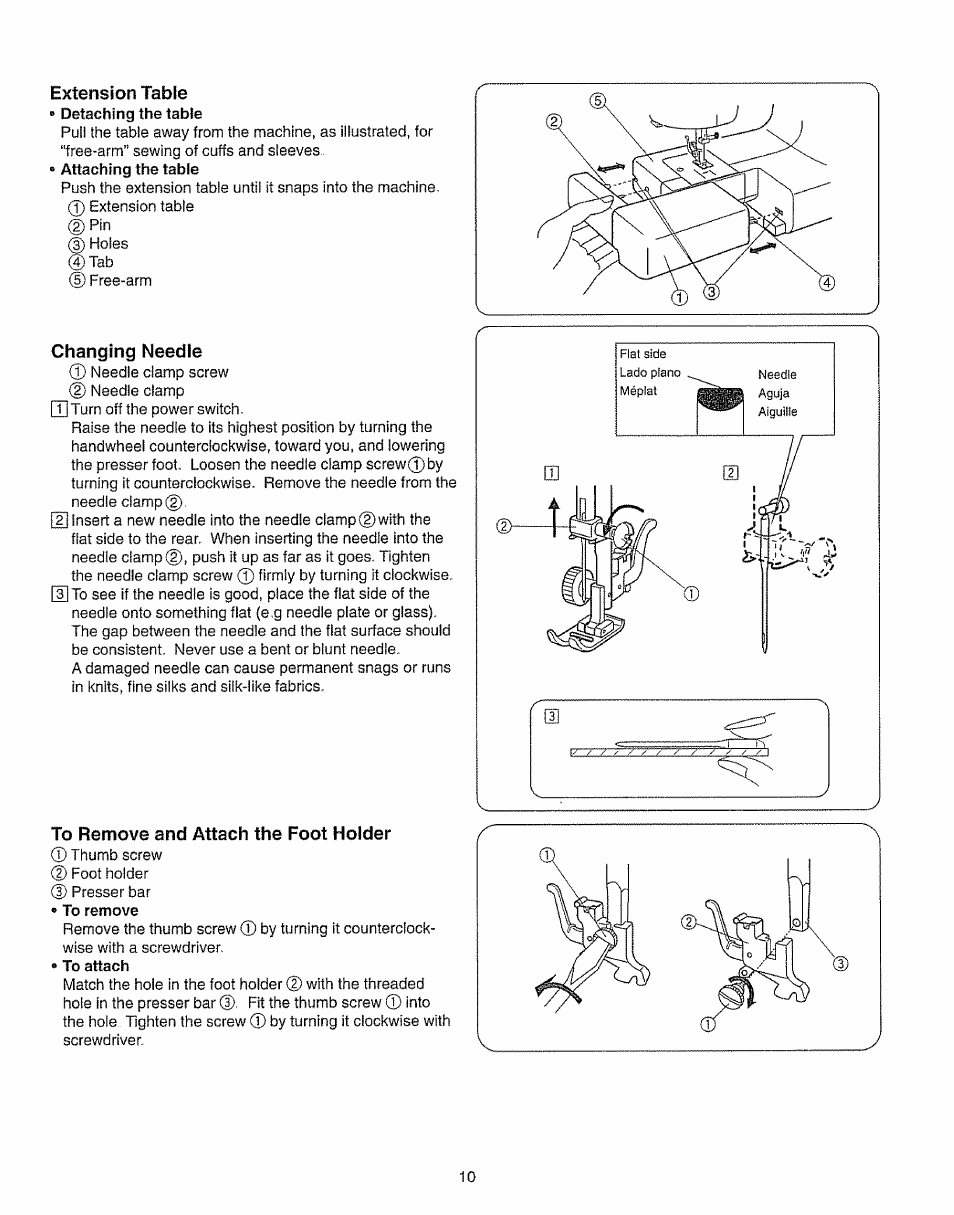 Extension table, Changing needle, To remove and attach the foot holder | Kenmore 385.15208 User Manual | Page 18 / 75