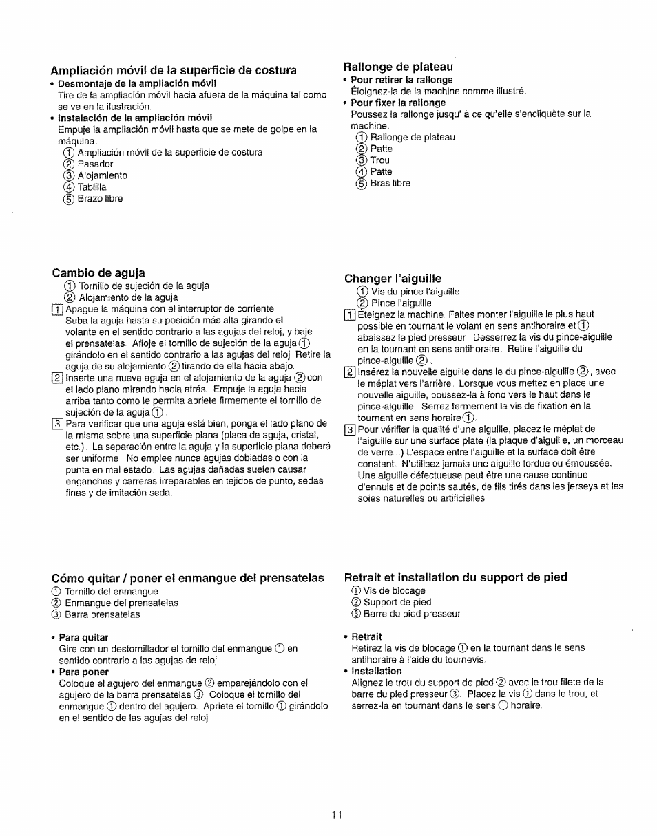 Ampliación móvil de la superficie de costura, Rallonge de plateau, Cambio de aguja | Changer l’aiguille, Cómo quitar / poner el enmangue del prénsatelas, Retrait et instailation du support de pied | Kenmore 385.15208 User Manual | Page 19 / 75