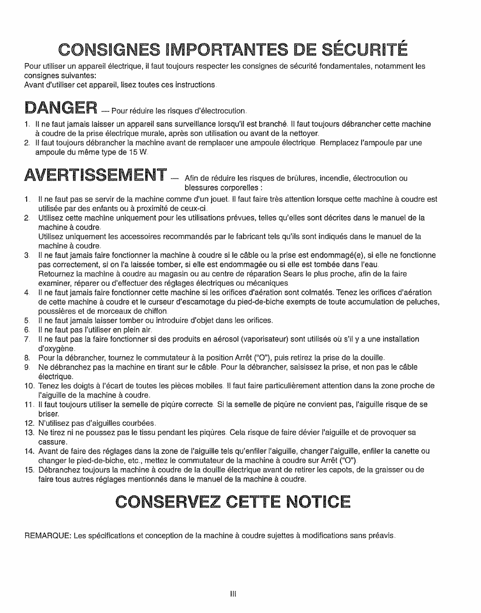 Consignes importantes, Securite, Conservez cette notice | Danger, Avertissement | Kenmore 385.15208 User Manual | Page 2 / 75